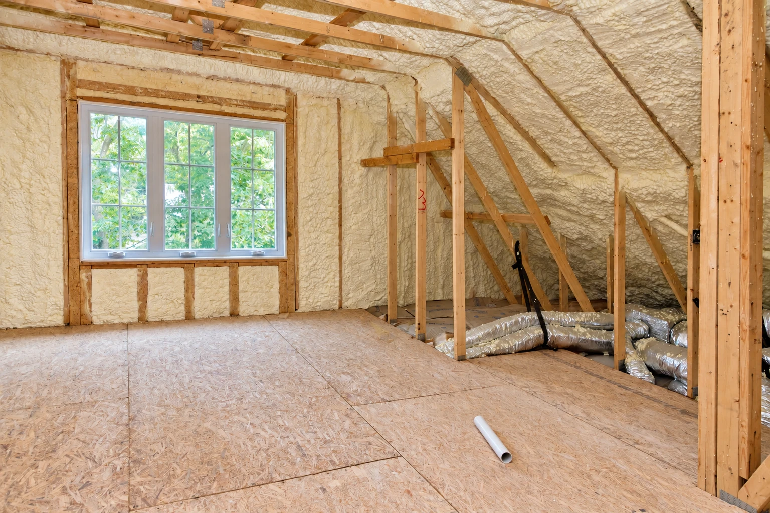 Attic with spray foam insulation covering the walls and sloped ceiling around exposed wooden framing and ducts.