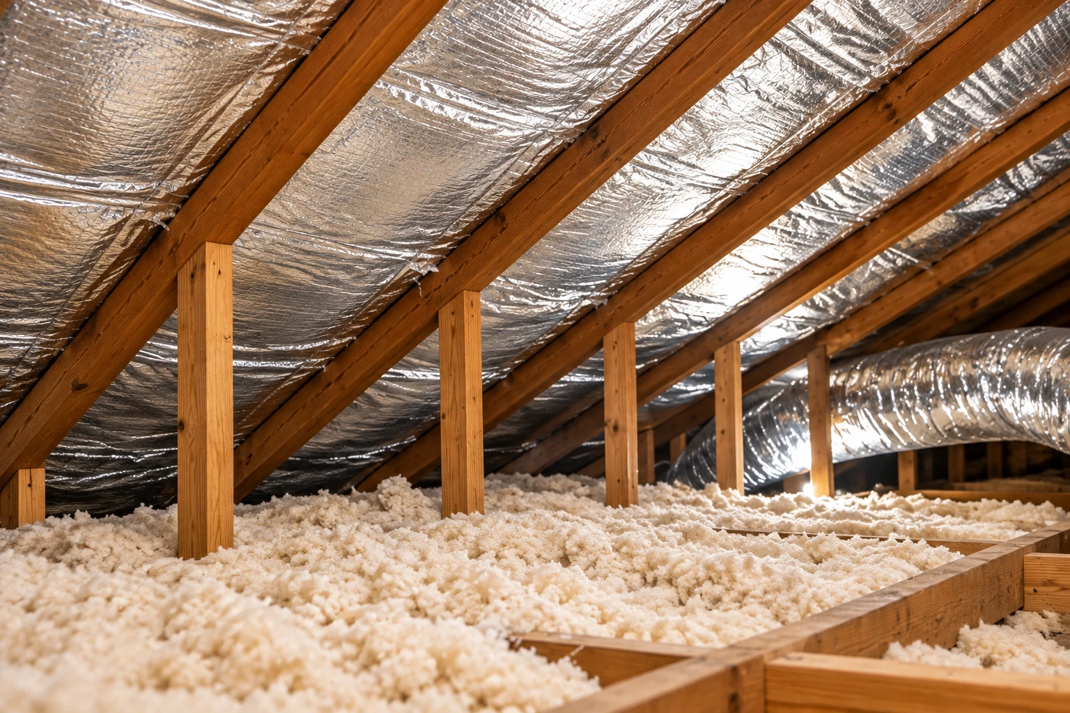 An attic has loose-fill insulation across the floor beneath wooden rafters lined with reflective foil.