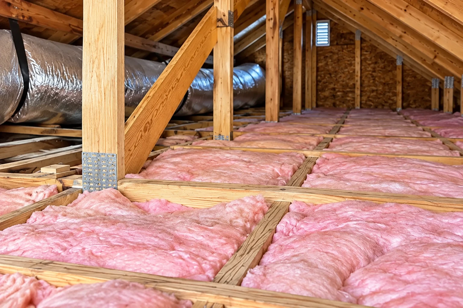 Pink fiberglass batts fill attic joists beneath exposed wooden roof framing and ductwork.