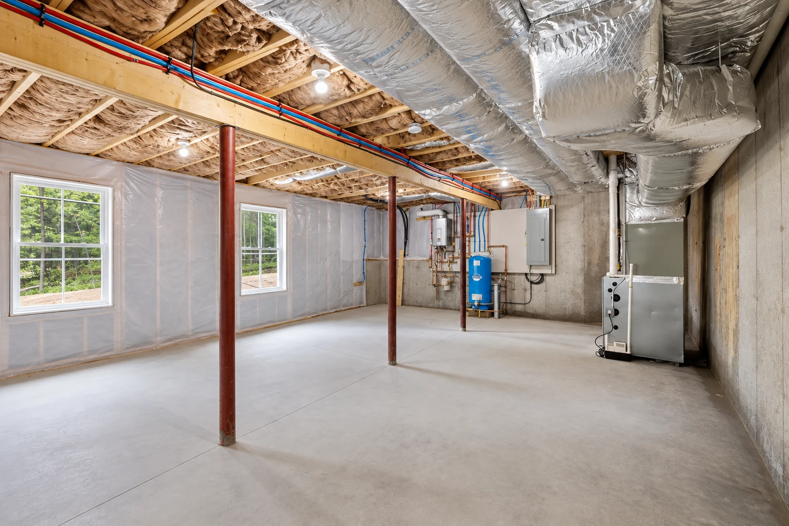 Basement with insulation between ceiling joists, plastic-covered walls, exposed utility equipment, and large silver ducts.