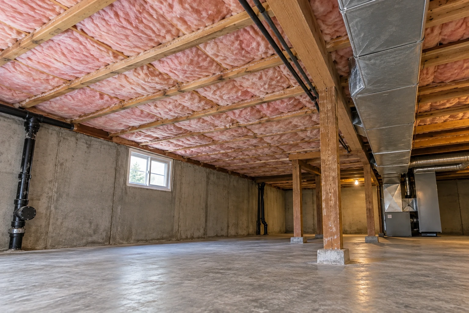 Pink fiberglass batts fill the ceiling joists of a concrete basement beside exposed ductwork and support posts.