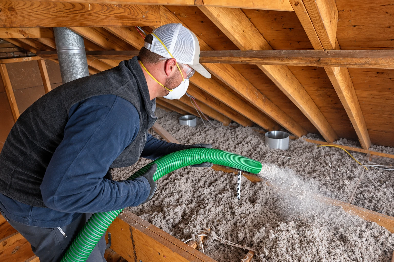 Worker wearing protective gear uses a green hose to spread blown-in insulation across an attic floor.