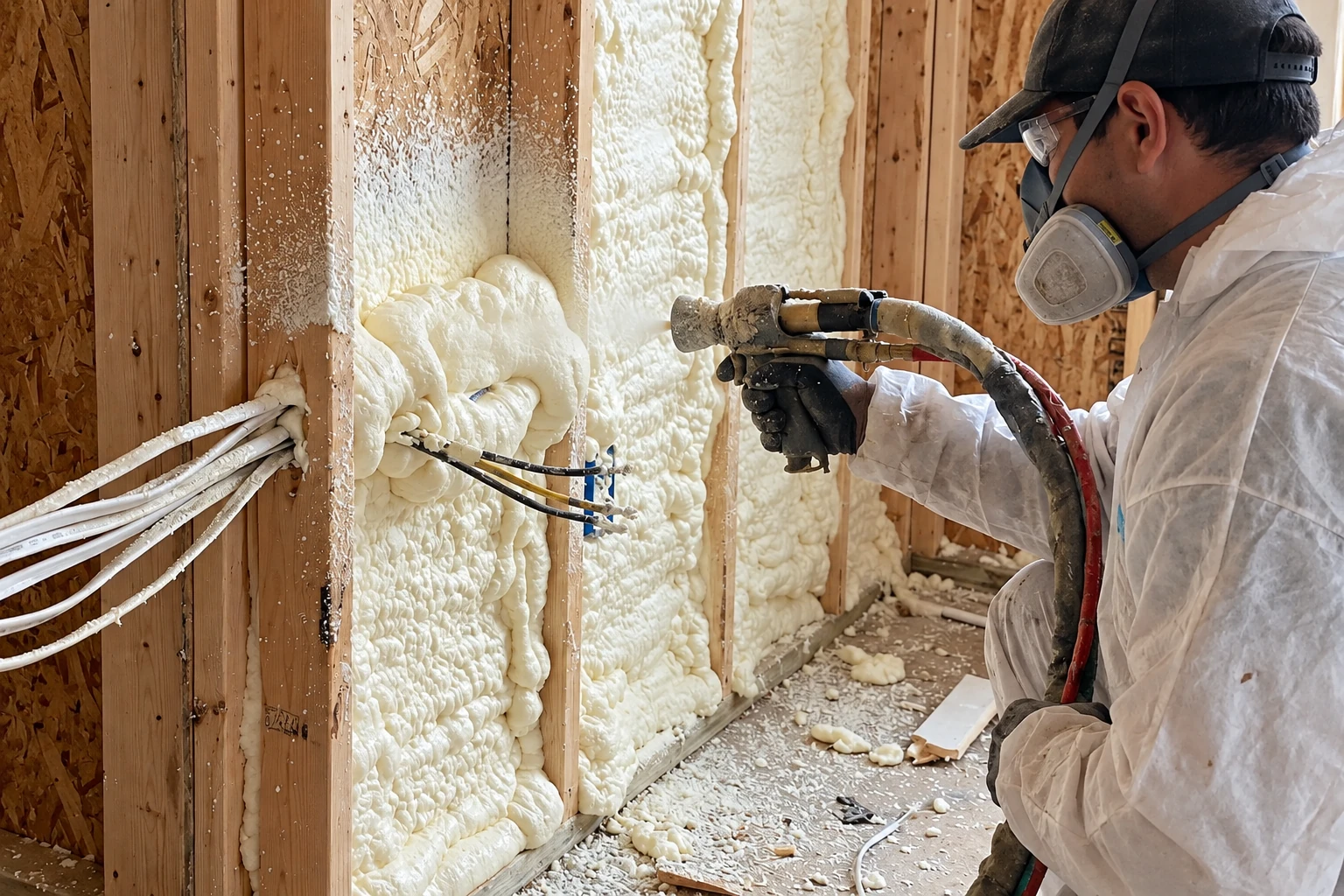 A worker in protective gear sprays white foam insulation into the exposed wooden wall cavities.