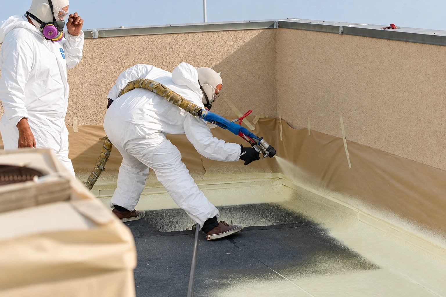 A worker in protective gear sprays insulation along the floor and walls of a commercial rooftop area.