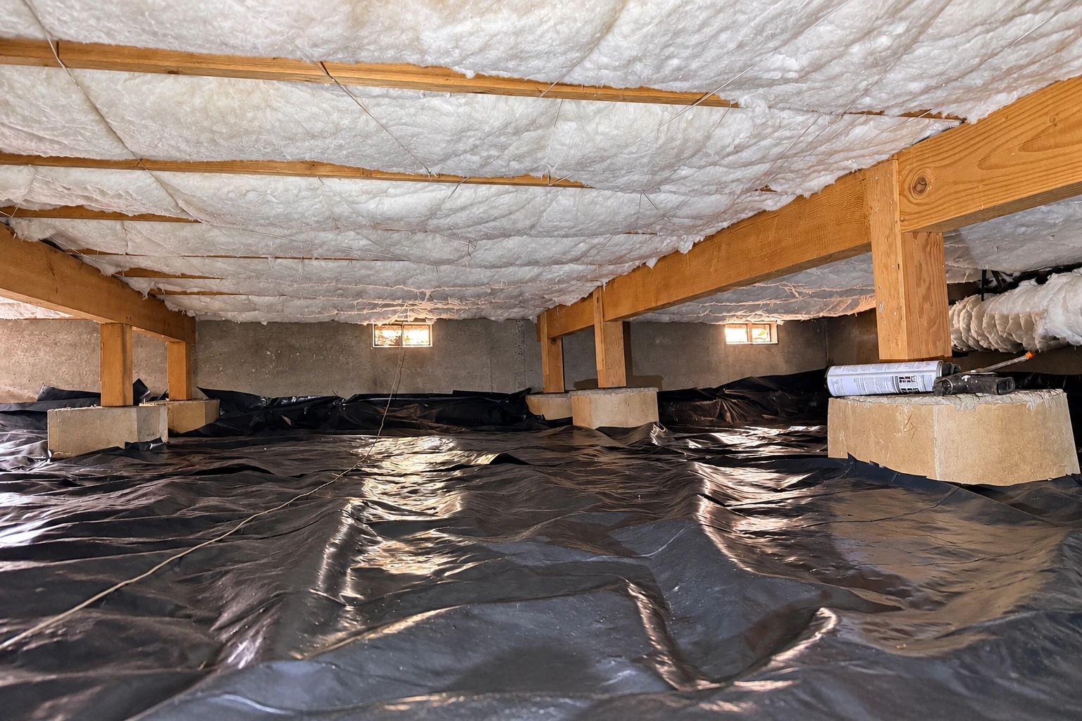 Crawl space with white insulation covering the ceiling, plastic vapor barrier on the floor, and wooden supports on concrete piers.