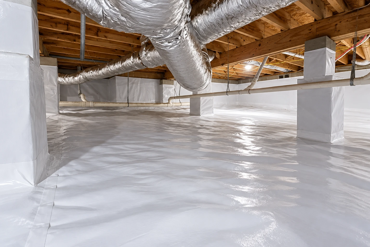 A crawl space has a white vapor barrier covering the floor and wrapped around support columns beneath exposed joists and ducts.