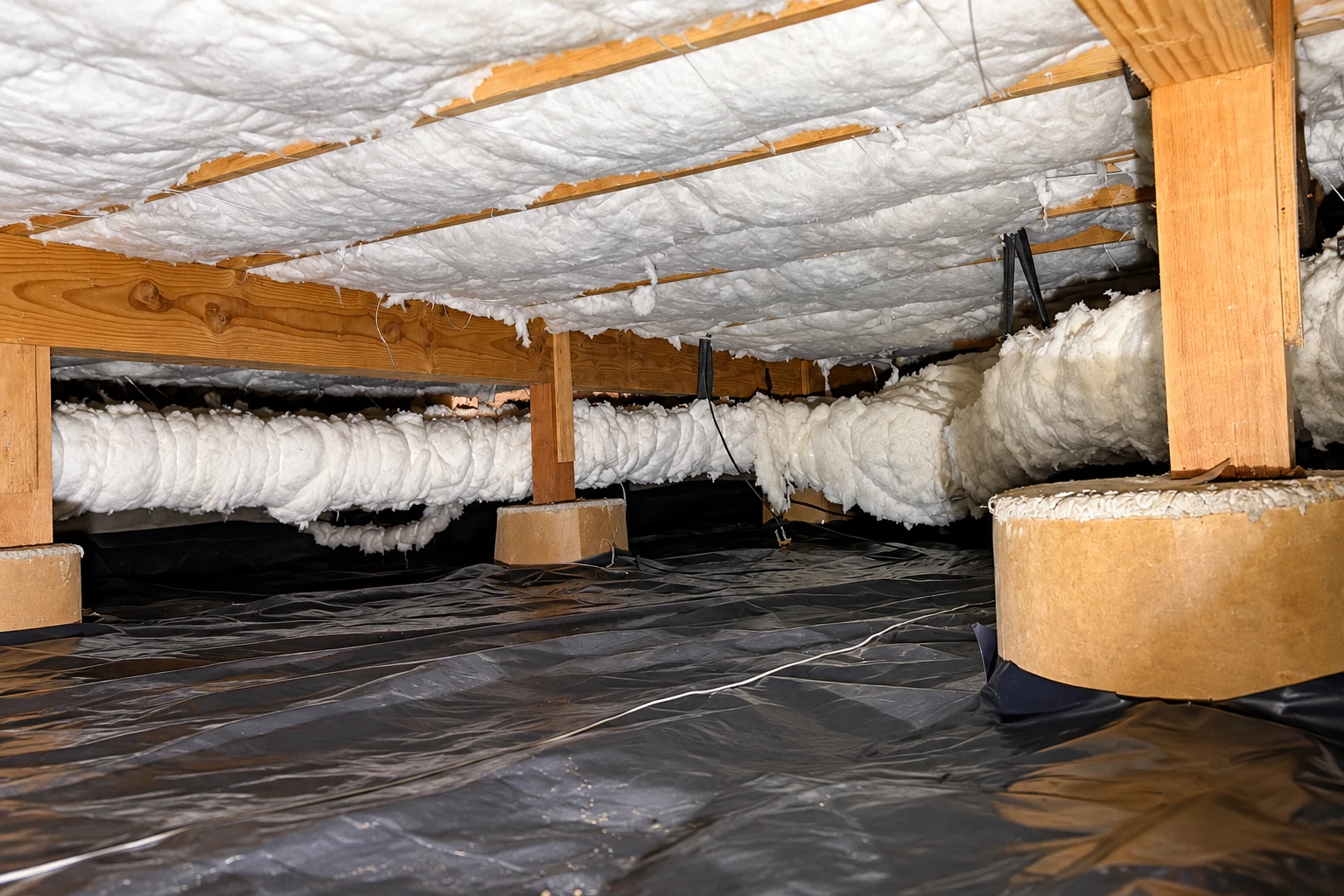 A crawl space has white insulation beneath the floor joists and a black plastic vapor barrier covering the ground.
