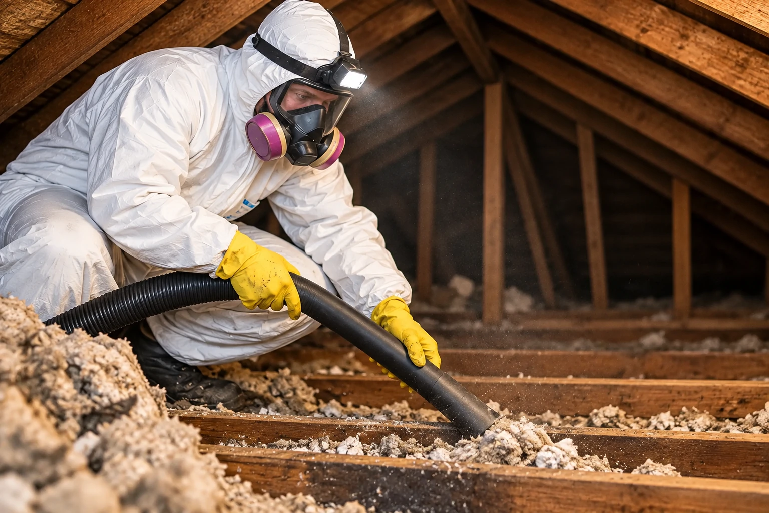 A worker in protective coveralls, gloves, and a respirator vacuums loose attic insulation through a hose.