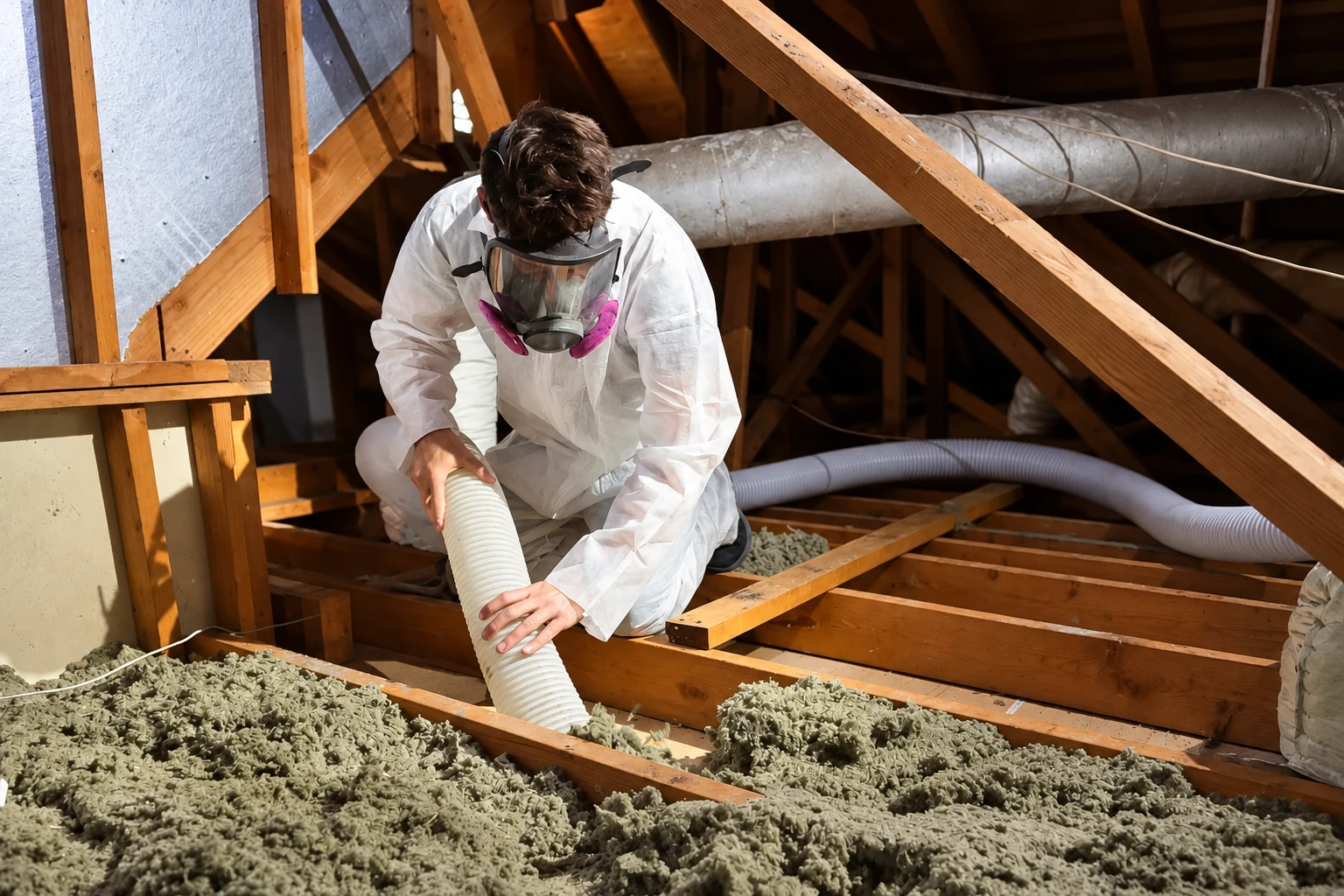 A worker in protective gear uses a hose to remove loose gray insulation from an attic.