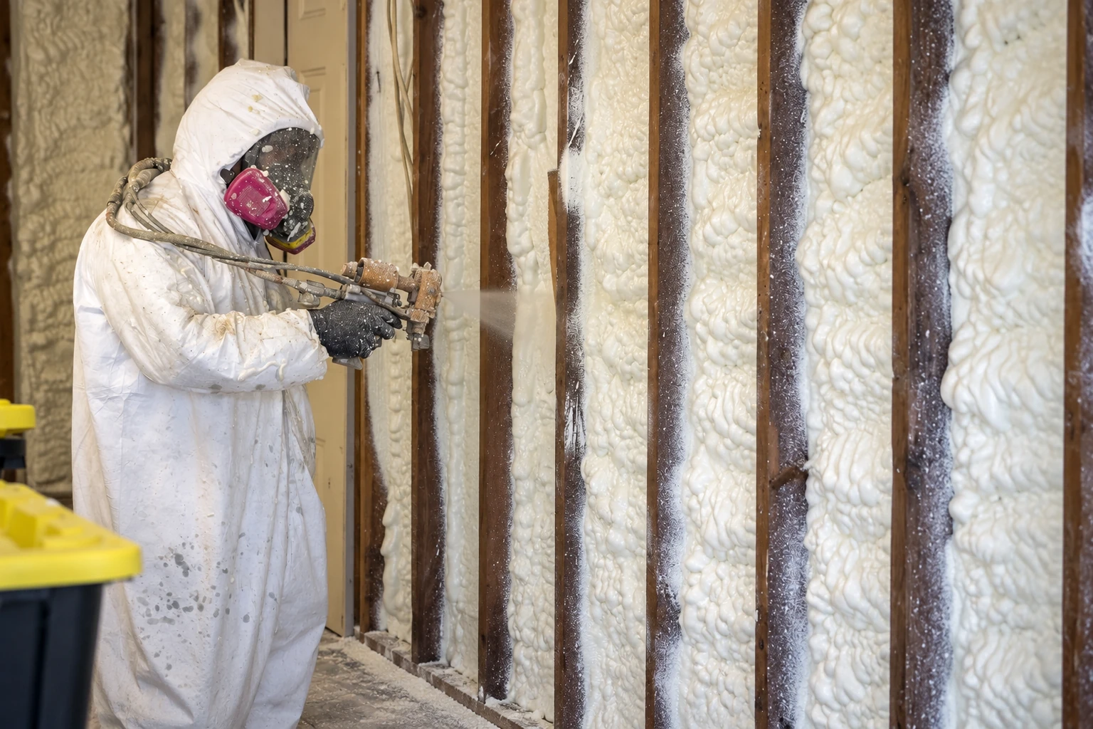 A worker in protective coveralls sprays foam insulation into wall cavities between wooden studs.