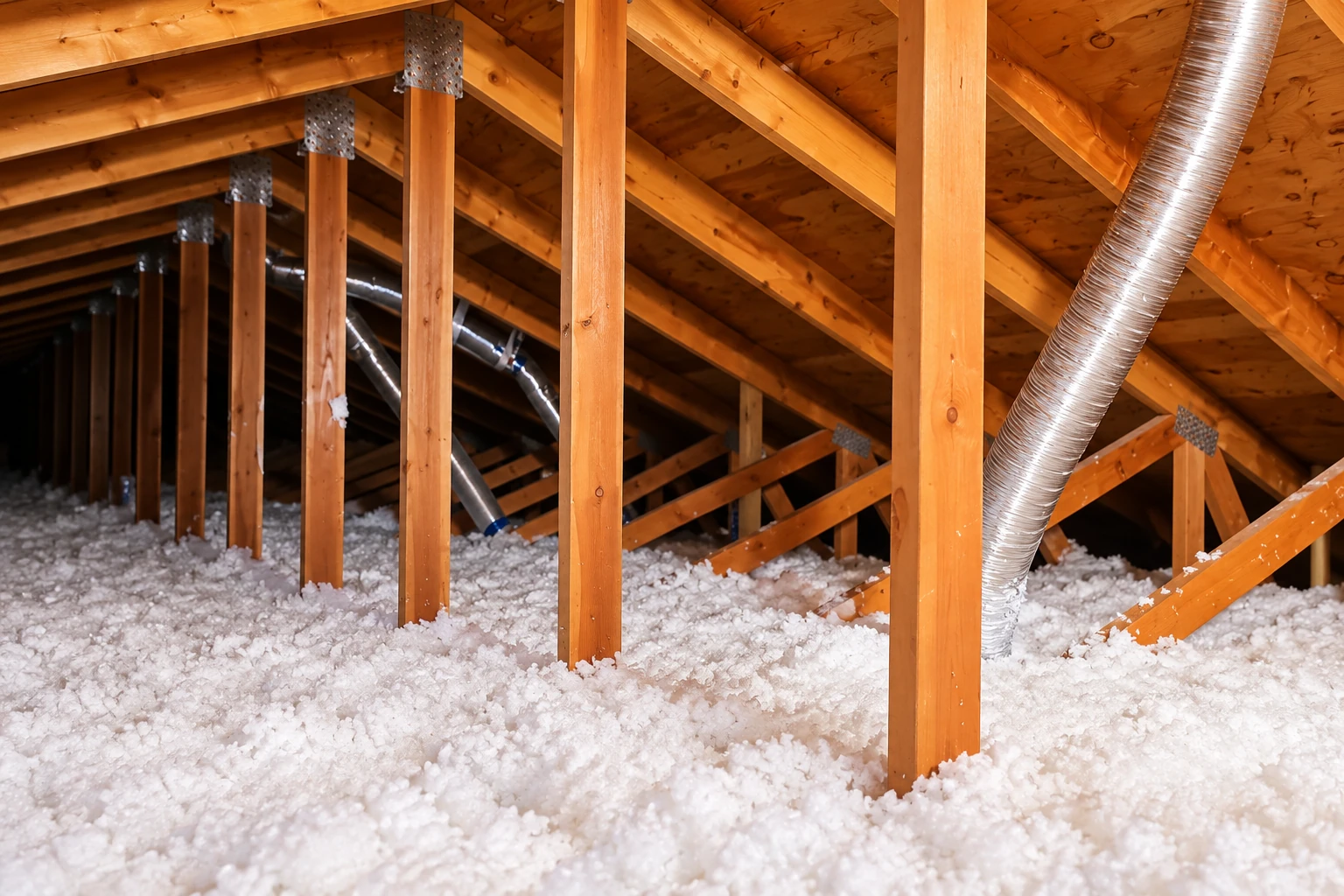 An attic with exposed wooden rafters has a thick layer of loose white blown-in insulation on the floor.