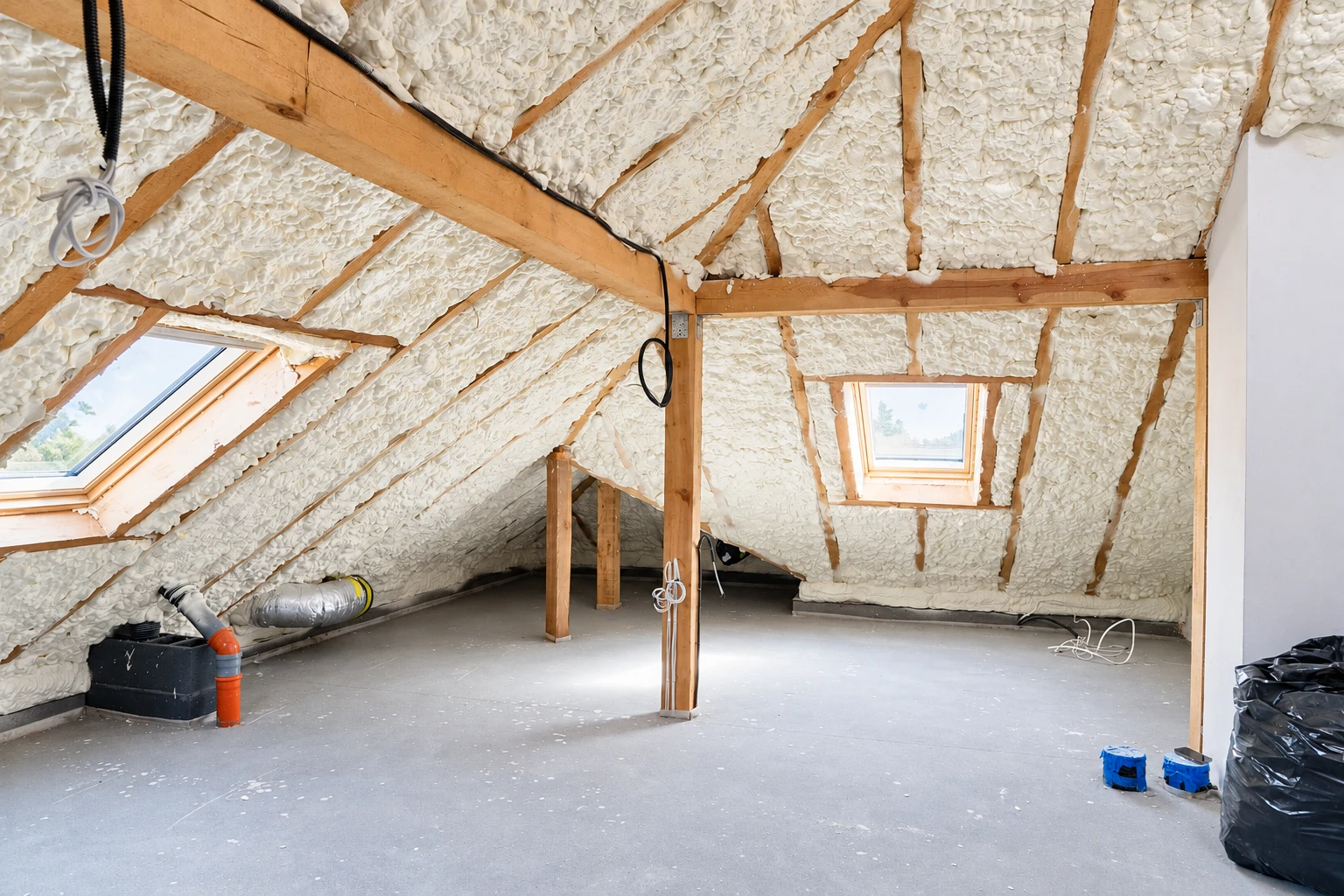 Spray foam insulation coats the sloped roof and walls of an unfinished attic, leaving exposed wooden rafters and skylights.