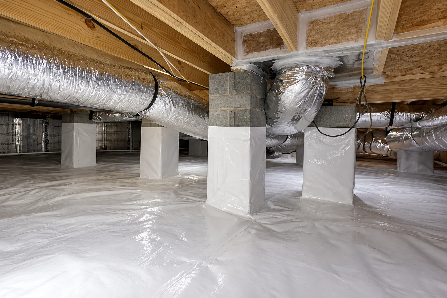 A crawl space floor and support columns are covered with a white vapor barrier beneath exposed joists and ducts.