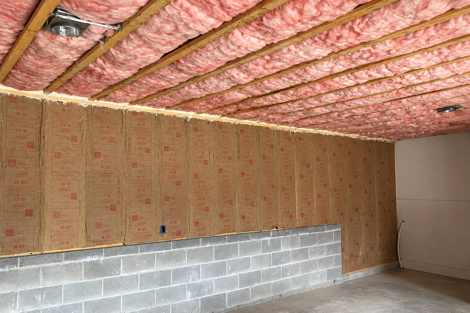 Pink batt insulation fills ceiling joists above a basement wall lined with brown insulation panels.